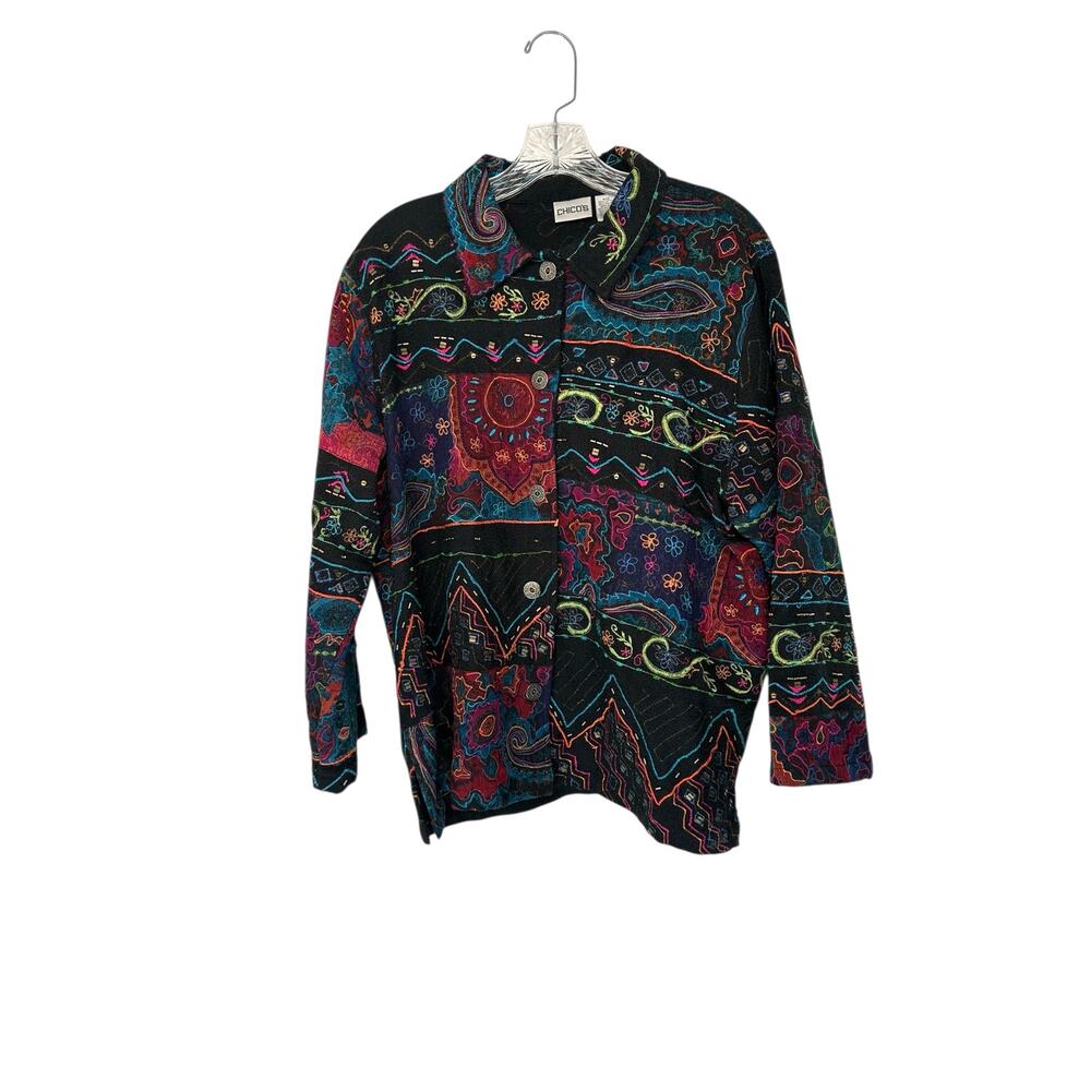 Chico's Blazer Black Embroidered Art to Wear Artsy‎ Art Teach Button Up Size XL